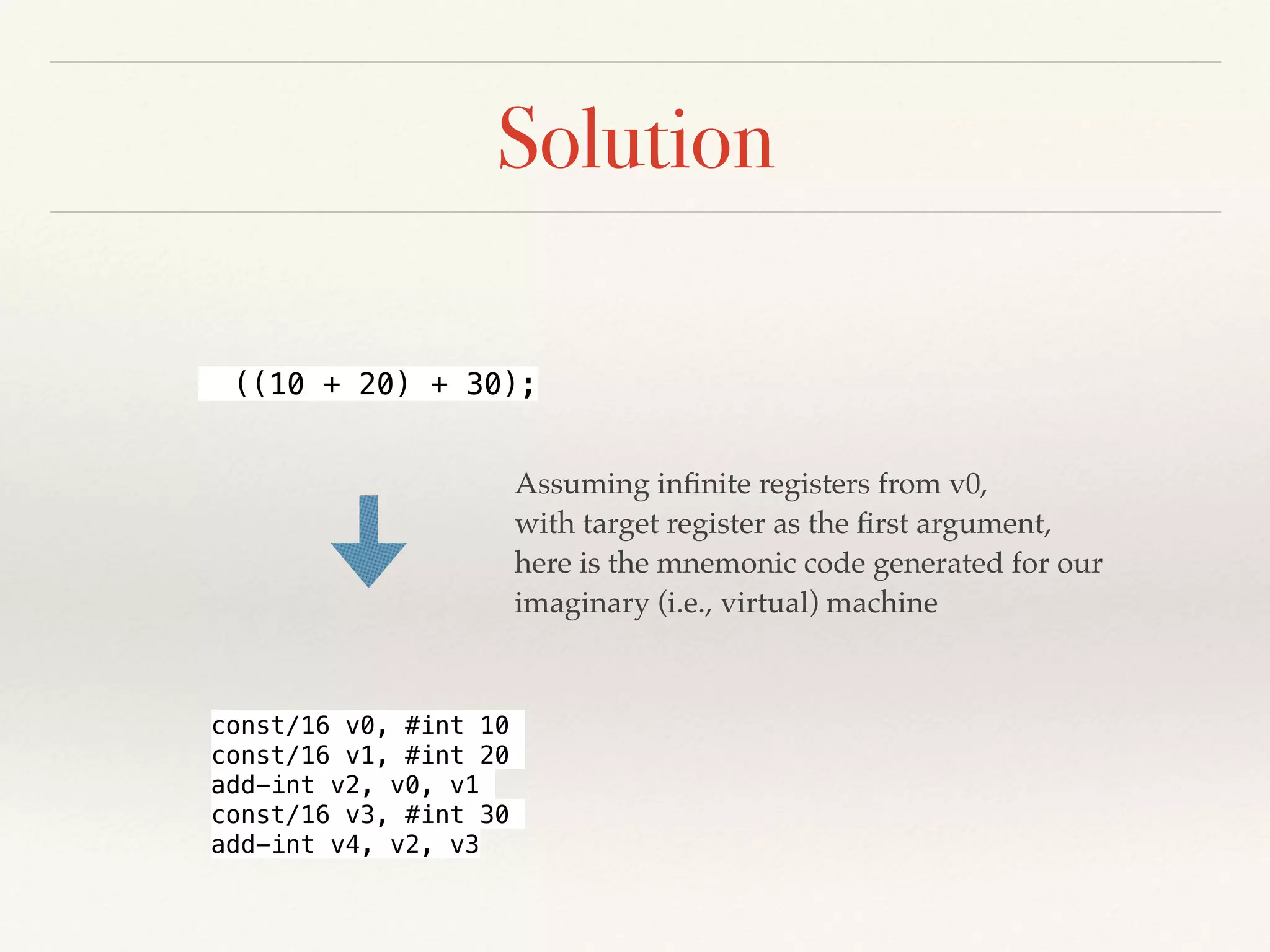 Solution
((10 + 20) + 30);
Assuming inﬁnite registers from v0,
with target register as the ﬁrst argument,
here is the mnemonic code generated for our
imaginary (i.e., virtual) machine
const/16 v0, #int 10
const/16 v1, #int 20
add-int v2, v0, v1
const/16 v3, #int 30
add-int v4, v2, v3
 