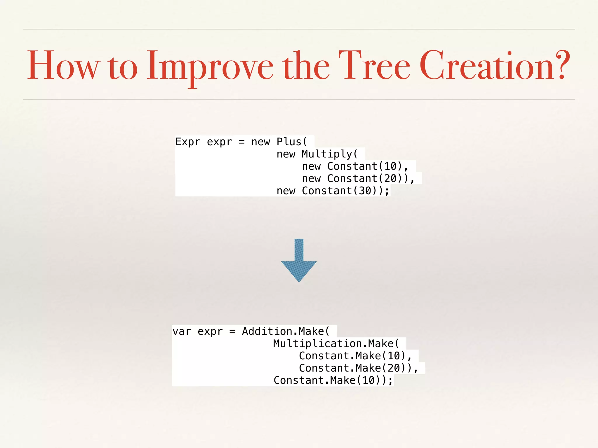 How to Improve the Tree Creation?
var expr = Addition.Make(
Multiplication.Make(
Constant.Make(10),
Constant.Make(20)),
Constant.Make(10));
Expr expr = new Plus(
new Multiply(
new Constant(10),
new Constant(20)),
new Constant(30));
 