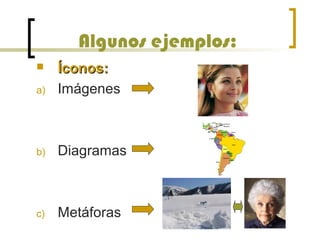 Algunos ejemplos:
 Íconos:Íconos:
a) Imágenes
b) Diagramas
c) Metáforas
 