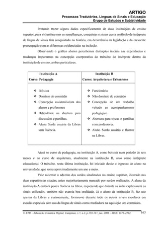 ARTIGO
                                 Processos Tradutórios, Línguas de Sinais e Educação
                                                   Grupo de Estudos e Subjetividade

            Pretendo trazer alguns dados especificamente de duas instituições de ensino
superior, para vislumbrarmos as semelhanças, conquistas e status que a profissão de intérprete
de língua de sinais têm conquistado na história, em decorrência da legislação e da crescente
preocupação com as diferenças evidenciadas na inclusão.
            Observando o gráfico abaixo percebemos distinções iniciais nas experiências e
mudanças importantes na concepção coorporativa do trabalho do intérprete dentro da
instituição de ensino, ambas particulares.


              Instituição A                                   Instituição B
     Curso: Pedagogia                              Curso: Arquitetura e Urbanismo


             Bolsista                                       Funcionária
             Domínio do conteúdo                            Não domínio do conteúdo
             Concepção assistencialista dos                 Concepção de um trabalho
             alunos e professores                           voltado ao acompanhamento
             Dificuldade na abertura para                   pedagógico
             discussões e partilhas.                        Abertura para trocas e partilhas
             Aluna Surda usuária da Libras                  com professores.
             sem fluência.                                  Aluno Surdo usuário e fluente
                                                            na Libras.




            Atuei no curso de pedagogia, na instituição A, como bolsista num período de seis
meses e no curso de arquitetura, atualmente na instituição B, atuo como intérprete
educacional. O trabalho, nesta última instituição, foi iniciado desde o ingresso do aluno na
universidade, que soma aproximadamente um ano e meio.
            Vale salientar o advento dos surdos sinalizados no ensino superior, ilustrado nas
duas experiências citadas; antes majoritariamente marcado por surdos oralizados. A aluna da
instituição A embora pouca fluência na libras, requerendo que durante as aulas explicassem os
sinais utilizados, também não exercia boa oralidade. Já o aluno da instituição B, faz uso
apenas da Libras e curiosamente, formou-se durante todo os outros níveis escolares em
escolas especiais com uso da língua de sinais como mediadora na aquisição dos conteúdos.


© ETD – Educação Temática Digital, Campinas, v.7, n.2, p.158-167, jun. 2006 – ISSN: 1676-2592.   163
 