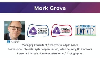 Managing Consultant / Ten years as Agile Coach
Professional Interests: system optimization, value delivery, flow of work
Personal Interests: Amateur astronomer/ Photographer
Mark Grove
mkgrov
 