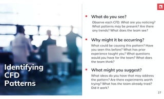  What do you see?
Observe each CFD. What are you noticing?
What patterns may be present? Are there
any trends? What does the team see?
What could be causing this pattern? Have
you seen this before? What has prior
experience taught you? What questions
would you have for the team? What does
the team think?
What ideas do you have that may address
the pattern? Are there experiments worth
trying? What has the team already tried?
Did it work?
 Why might it be occurring?
 What might you suggest?
Identifying
CFD
Patterns
27
 