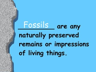 _________ are any naturally preserved remains or impressions of living things.  Fossils 