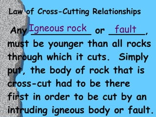 Law of Cross-Cutting Relationships Any __________ or ______, must be younger than all rocks through which it cuts.  Simply put, the body of rock that is cross-cut had to be there first in order to be cut by an intruding igneous body or fault.  Igneous rock fault 