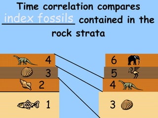Time correlation compares ____________ contained in the rock strata index fossils 1 2 3 4 4 5 6 3 