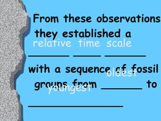 From these observations they established a  ______ ____ ______ with a sequence of fossil groups from ______ to ______________ relative  time  scale oldest youngest 