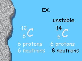 EX. C C 6 6 12 14 6 protons  6 protons 6 neutrons Unstable 8 neutrons 