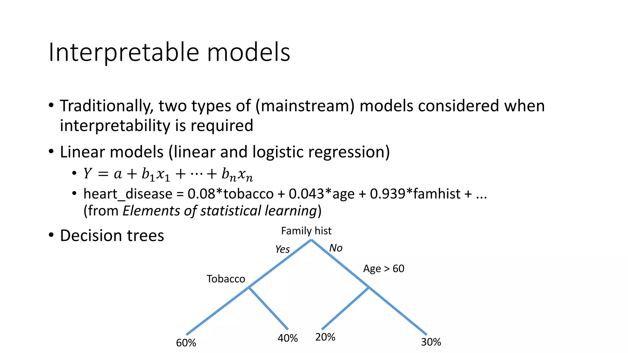 Interpretable models
• Traditionally, two types of (mainstream) models considered when
interpretability is required
• Linear models (linear and logistic regression)
• 𝑌 = 𝑎 + 𝑏1 𝑥1 + ⋯ + 𝑏 𝑛 𝑥 𝑛
• heart_disease = 0.08*tobacco + 0.043*age + 0.939*famhist + ...
(from Elements of statistical learning)
• Decision trees Family hist
Tobacco
Age > 60
Yes No
60% 20%40% 30%
 