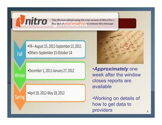 MAP Testing Windows




                      •Approximately one
                      week after the window
                      closes reports are
                      available

                      •Working on details of
                      how to get data to
                      providers                3
 