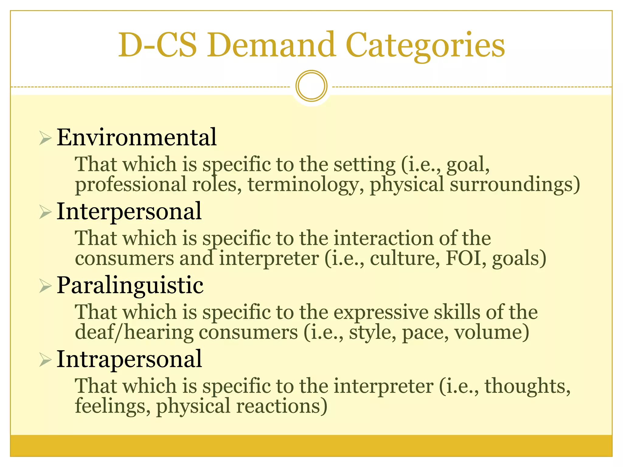D-CS Demand Categories
Environmental
That which is specific to the setting (i.e., goal,
professional roles, terminology, physical surroundings)
Interpersonal
That which is specific to the interaction of the
consumers and interpreter (i.e., culture, FOI, goals)
Paralinguistic
That which is specific to the expressive skills of the
deaf/hearing consumers (i.e., style, pace, volume)
Intrapersonal
That which is specific to the interpreter (i.e., thoughts,
feelings, physical reactions)
 