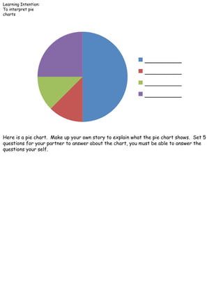 Learning Intention:
To interpret pie
charts
Here is a pie chart. Make up your own story to explain what the pie chart shows. Set 5
questions for your partner to answer about the chart, you must be able to answer the
questions your self.
 