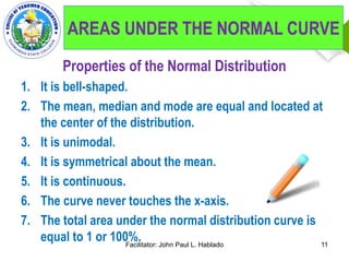 Properties of the Normal Distribution
1. It is bell-shaped.
2. The mean, median and mode are equal and located at
the center of the distribution.
3. It is unimodal.
4. It is symmetrical about the mean.
5. It is continuous.
6. The curve never touches the x-axis.
7. The total area under the normal distribution curve is
equal to 1 or 100%.Facilitator: John Paul L. Hablado 11
AREAS UNDER THE NORMAL CURVE
 