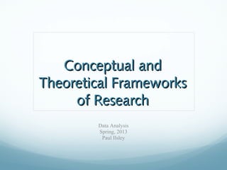 Conceptual and
Theoretical Frameworks
     of Research
        Data Analysis
        Spring, 2013
         Paul Ilsley
 