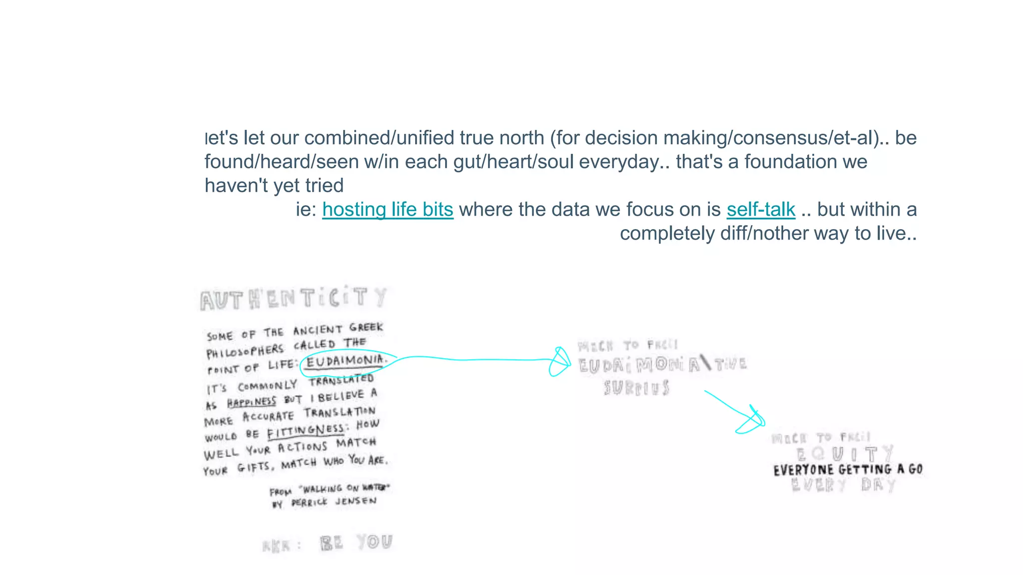 let's let our combined/unified true north (for decision making/consensus/et-al).. be
found/heard/seen w/in each gut/heart/soul everyday.. that's a foundation we
haven't yet tried
ie: hosting life bits where the data we focus on is self-talk .. but within a
completely diff/nother way to live..
 