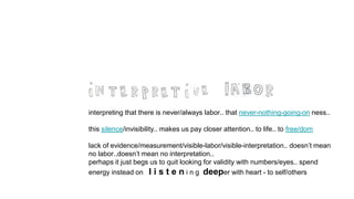 interpreting that there is never/always labor.. that never-nothing-going-on ness..
this silence/invisibility.. makes us pay closer attention.. to life.. to free/dom
lack of evidence/measurement/visible-labor/visible-interpretation.. doesn’t mean
no labor..doesn’t mean no interpretation..
perhaps it just begs us to quit looking for validity with numbers/eyes.. spend
energy instead on l i s t e n i n g deeper with heart - to self/others
 