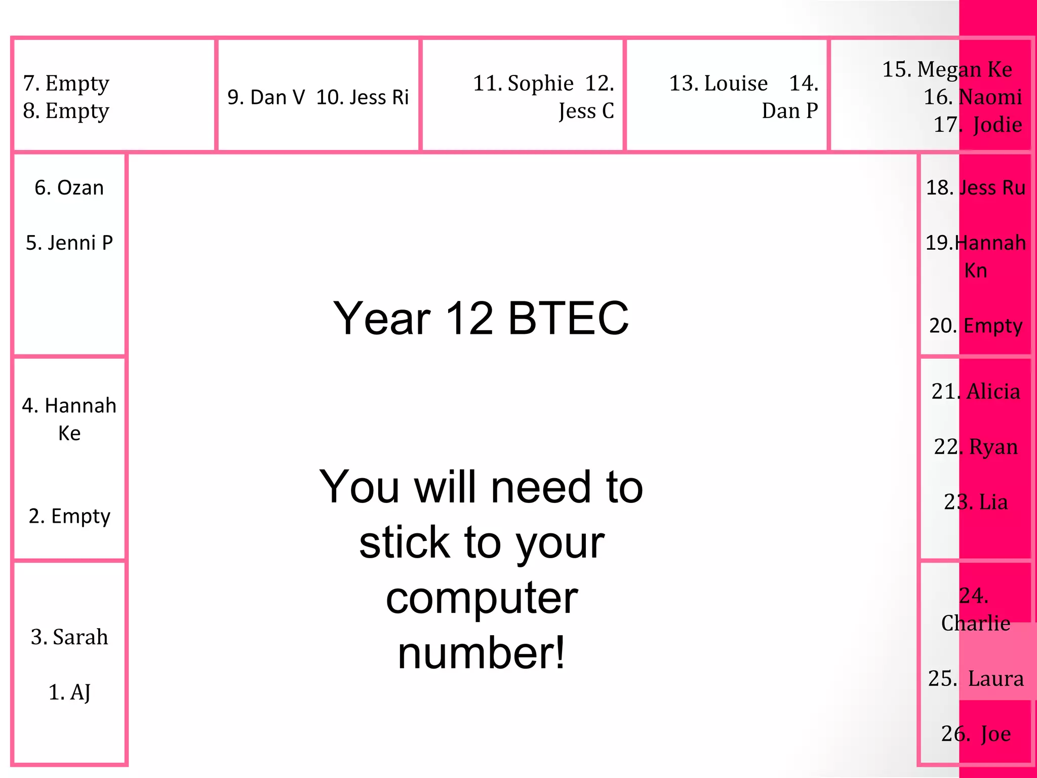 6. Ozan
5. Jenni P
4. Hannah
Ke
2. Empty
3. Sarah
1. AJ
18. Jess Ru
19.Hannah
Kn
20. Empty
21. Alicia
22. Ryan
23. Lia
24.
Charlie
25. Laura
26. Joe
11. Sophie 12.
Jess C
7. Empty
8. Empty
9. Dan V 10. Jess Ri
Year 12 BTEC
You will need to
stick to your
computer
number!
13. Louise 14.
Dan P
15. Megan Ke
16. Naomi
17. Jodie