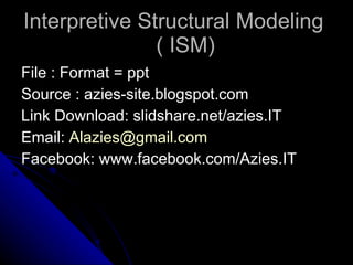 Interpretive Structural Modeling  ( ISM) ,[object Object],[object Object],[object Object],[object Object],[object Object]