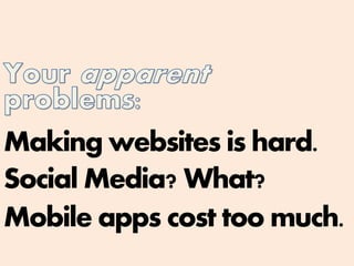 Making websites is hard.
Social Media? What?
Mobile apps cost too much.
 