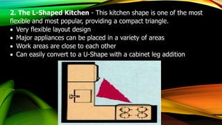 2. The L-Shaped Kitchen - This kitchen shape is one of the most
flexible and most popular, providing a compact triangle.
 Very flexible layout design
 Major appliances can be placed in a variety of areas
 Work areas are close to each other
 Can easily convert to a U-Shape with a cabinet leg addition
 