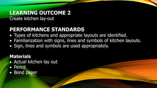 LEARNING OUTCOME 2
Create kitchen lay-out
PERFORMANCE STANDARDS
 Types of kitchens and appropriate layouts are identified.
 Familiarization with signs, lines and symbols of kitchen layouts.
 Sign, lines and symbols are used appropriately.
Materials
 Actual kitchen lay out
 Pencil
 Bond paper
 
