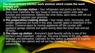 The three primary kitchen work stations which create the work
triangle are:
1.The food storage station - Your refrigerator and pantry are the major
items here. Cabinetry like lazy Susan or swing-out pantry units adds
function and convenience. Options like wine racks, spice racks, and roll-out
trays help to organize your groceries.
2.The preparation/cooking station - Your range, oven, microwave, and
smaller appliances are found in this area. Counter space is important in this
section. Conserve space by moving appliances off the counter with
appliance garage cabinets and space-saving ideas like towel rods and pot
lid racks.
3.The clean-up station - Everyone's least favorite activity is one of the
kitchen's most important - clean-up. This area is home to the sink, waste
disposal, and dishwasher. Cabinetry for this station is designed to organize
with the trash bin cabinet and roll out tray baskets for storage
convenience.
 