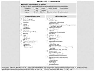 L Lingard, S Espin, B Rubin, et al. Getting teams to talk: development and pilot implementation of a checklist to
promote interprofessional communication in the OR. Qual Saf Health Care 2005 14: 340-346
 