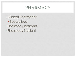 PHARMACY

• Clinical Pharmacist
  • Specialized
• Pharmacy Resident
• Pharmacy Student
 