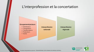 L’interprofession et la concertation
Groupements/acteurs
• Distributeurs
• Transporteurs
• Transformateurs
• Producteurs
• Autres
Interprofession
nationale
Interprofession
régionale
Formation Interprofessions agricoles - FORUM REGIONAL SUR LE MANIOC EN AFRIQUE CENTRALE
14
 