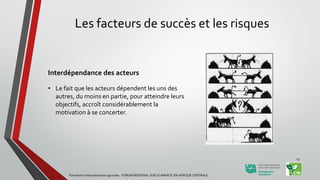 Les facteurs de succès et les risques
Interdépendance des acteurs
• Le fait que les acteurs dépendent les uns des
autres, du moins en partie, pour atteindre leurs
objectifs, accroît considérablement la
motivation à se concerter.
Formation Interprofessions agricoles - FORUM REGIONAL SUR LE MANIOC EN AFRIQUE CENTRALE
23
 