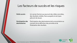 Les facteurs de succès et les risques
Formation Interprofessions agricoles - FORUM REGIONAL SUR LE MANIOC EN AFRIQUE CENTRALE
27
Petits succès : Un carnet d’action qui poursuit des cibles concrètes,
des résultats visibles, face auxquels on est à peu
près sûr de réussir.
Participation des
destinataires:
Participation des destinataires de la concertation au
moment de la définition des priorités et de
l’évaluation des résultats.
 