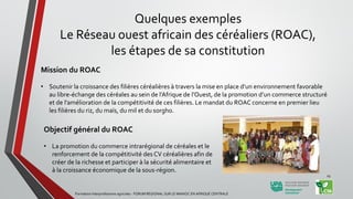 Quelques exemples
Le Réseau ouest africain des céréaliers (ROAC),
les étapes de sa constitution
Mission du ROAC
• Soutenir la croissance des filières céréalières à travers la mise en place d’un environnement favorable
au libre-échange des céréales au sein de l’Afrique de l’Ouest, de la promotion d’un commerce structuré
et de l’amélioration de la compétitivité de ces filières. Le mandat du ROAC concerne en premier lieu
les filières du riz, du maïs, du mil et du sorgho.
Objectif général du ROAC
• La promotion du commerce intrarégional de céréales et le
renforcement de la compétitivité des CV céréalières afin de
créer de la richesse et participer à la sécurité alimentaire et
à la croissance économique de la sous-région.
Formation Interprofessions agricoles - FORUM REGIONAL SUR LE MANIOC EN AFRIQUE CENTRALE
29
 