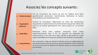 Associez les concepts suivants :
1. Chaîne de valeur
Lieu de concertation des acteurs de tous les maillons d’une filière
agroalimentaire (production, transformation, distribution et autres).
Formule libre et non encadrée par la loi.
2. Organisation
paysanne
Formule de concertation réglementée qui réunit des représentants
d’organisations représentatives de professionnels exerçant des métiers liés
entre eux et traitant généralement d’un même produit sur un territoire
défini.
3. Table filière
Partenariat étroit entre quelques entreprises d’une chaîne
d’approvisionnement dans le but de répondre aux demandes des
consommateurs et de créer de la valeur ajoutée et des profits qui seront
répartis équitablement le long de la chaîne par des ententes contractuelles.
4. Interprofession
Une organisation créée par plusieurs individus et qui est indépendante de
tout gouvernement, libre de ses choix, de ses orientations, de ses méthodes
et ses structures afin de répondre aux besoins sociaux ou économiques de
ses membres.
Formation Interprofessions agricoles - FORUM REGIONAL SUR LE MANIOC EN AFRIQUE CENTRALE
6
 