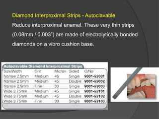 Diamond Interproximal Strips - Autoclavable
Reduce interproximal enamel. These very thin strips
(0.08mm / 0.003”) are made of electrolytically bonded
diamonds on a vibro cushion base.
 