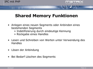 Shared Memory Funktionen Anlegen eines neuen Segments oder Anbinden eines bestehenden Segments   » Indetifizierung durch eindeutige Kennung   » Rückgabe eines Handles Lesen und Schreiben von Werten unter Verwendung des Handles Lösen der Anbindung Bei Bedarf Löschen des Segments 