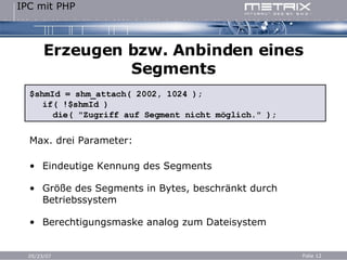 Erzeugen bzw. Anbinden eines Segments $shmId = shm_attach( 2002, 1024 ); if( !$shmId )   die( "Zugriff auf Segment nicht möglich." ); Max. drei Parameter: Eindeutige Kennung des Segments Größe des Segments in Bytes, beschränkt durch Betriebssystem Berechtigungsmaske analog zum Dateisystem 