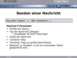 Senden einer Nachricht msg_send( $queue, 1, "PHP Conference" ); Maximal 6 Parameter Handle der Queue Typ der Nachricht (Integer)   » Empfänger ID beim Messenger Inhalt der Nachricht "serialize" Flag "blocking" Flag (zu große Nachrichten) Referenz zu Variable, in die ein eventueller Fehler gespeichert wird 