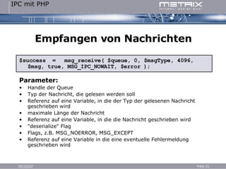 Empfangen von Nachrichten $success  = msg_receive( $queue, 0, $msgType, 4096, $msg, true, MSG_IPC_NOWAIT, $error ); Parameter: Handle der Queue Typ der Nachricht, die gelesen werden soll Referenz auf eine Variable, in die der Typ der gelesenen Nachricht geschrieben wird maximale Länge der Nachricht Referenz auf eine Variable, in die die Nachricht geschrieben wird "deserialize" Flag Flags, z.B. MSG_NOERROR, MSG_EXCEPT Referenz auf eine Variable in die eine eventuelle Fehlermeldung geschrieben wird 