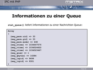 Informationen zu einer Queue stat_queue()  liefert Informationen zu einer Nachrichten Queue: Array ( [msg_perm.uid] => 33 [msg_perm.gid] => 33 [msg_perm.mode] => 438 [msg_stime] => 1034647575 [msg_rtime] => 1034524622 [msg_ctime] => 1034523467 [msg_qnum] => 1 [msg_qbytes] => 16384 [msg_lspid] => 9699 [msg_lrpid] => 9301 ) 