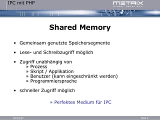 Shared Memory Gemeinsam genutzte Speichersegmente Lese- und Schreibzugriff möglich Zugriff unabhängig von   » Prozess   » Skript / Applikation   » Benutzer (kann eingeschränkt werden)   » Programmiersprache schneller Zugriff möglich »  Perfektes Medium für IPC 