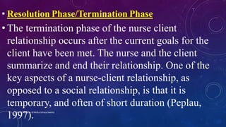 • Resolution Phase/Termination Phase
• The termination phase of the nurse client
relationship occurs after the current goals for the
client have been met. The nurse and the client
summarize and end their relationship. One of the
key aspects of a nurse-client relationship, as
opposed to a social relationship, is that it is
temporary, and often of short duration (Peplau,
1997).
Chinna Chadayan & Melba Sahaya Sweety
 