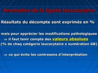 Anomalies de la lignée leucocytaireAnomalies de la lignée leucocytaire
RésultatsRésultats du décompte sont exprimés en %du décompte sont exprimés en %
mais pour apprécier les modifications pathologiquesmais pour apprécier les modifications pathologiques
⇒⇒ il faut tenir compte desil faut tenir compte des valeurs absoluesvaleurs absolues
(% de chaq catégorie leucocytaire x numération GB)(% de chaq catégorie leucocytaire x numération GB)
⇒⇒ ce qui évite les contresens d’interprétationce qui évite les contresens d’interprétation
 