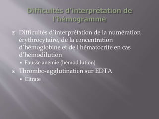  Difficultés d’interprétation de la numération
érythrocytaire, de la concentration
d’hémoglobine et de l’hématocrite en cas
d’hémodilution
 Fausse anémie (hémodilution)
 Thrombo-agglutination sur EDTA
 Citrate
 