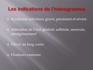  Syndrome infectieux grave, persistant et sévère
 Altération de l’état général: asthénie, anorexie,
amaigrissement
 Fièvre au long cours
 Douleurs osseuses
 