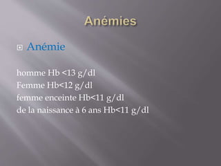  Anémie
homme Hb <13 g/dl
Femme Hb<12 g/dl
femme enceinte Hb<11 g/dl
de la naissance à 6 ans Hb<11 g/dl
 