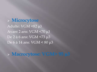  Microcytose
Adulte: VGM <82 μ3
Avant 2 ans: VGM <70 μ3
De 2 à 6 ans: VGM <73 μ3
De 6 à 14 ans: VGM < 80 μ3
 Macrocytose: VGM> 95 μ3
 