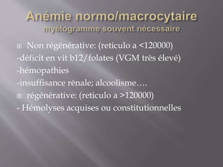  Non régénérative: (reticulo a <120000)
-déficit en vit b12/folates (VGM très élevé)
-hémopathies
-insuffisance rénale; alcoolisme….
 régénérative: (reticulo a >120000)
- Hémolyses acquises ou constitutionnelles
 