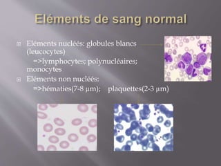  Eléments nucléés: globules blancs
(leucocytes)
=>lymphocytes; polynucléaires;
monocytes
 Eléments non nucléés:
=>hématies(7-8 µm); plaquettes(2-3 µm)
 