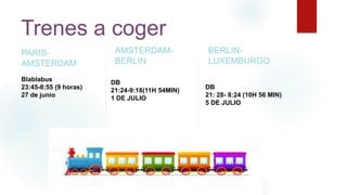 Trenes a coger
PARIS-
AMSTERDAM
AMSTERDAM-
BERLIN
BERLIN-
LUXEMBURGO
Blablabus
23:45-8:55 (9 horas)
27 de junio
D
DB
21: 28- 8:24 (10H 56 MIN)
5 DE JULIO
DB
21:24-9:18(11H 54MIN)
1 DE JULIO
 