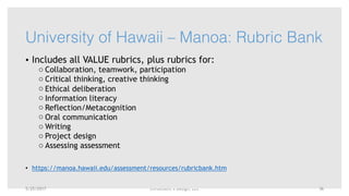 Enrollment x Design, LLC
University of Hawaii – Manoa: Rubric Bank
• Includes all VALUE rubrics, plus rubrics for:
o Collaboration, teamwork, participation
o Critical thinking, creative thinking
o Ethical deliberation
o Information literacy
o Reflection/Metacognition
o Oral communication
o Writing
o Project design
o Assessing assessment
• https://manoa.hawaii.edu/assessment/resources/rubricbank.htm
5/25/2017 36
 
