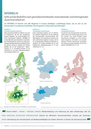 INTERREG IV
     Geht auf das Bedürfnis nach grenzüberschreitender, transnationaler und interregionaler
     Zusammenarbeit ein
     An INTERREG IV können sich alle Regionen in Europa beteiligen, unabhängig davon, ob sie sich an der
     Grenze oder im Landesinnern befinden. Das Programm umfasst drei Ausrichtungen:
     INTERREG IV A                                                      INTERREG IV B                                          INTERREG IV C
     Grenzüberschreitende Programme                                     Transnationale Zusammenarbeit                          Interregionaler Austausch
     Diese Ausrichtung fördert im Rahmen von rund                       Diese Ausrichtung befasst sich im Rahmen               Im Zentrum der interregionalen Zusammen-
     50 Programmen, die fast alle europäischen                          von dreizehn Programmen mit der Stärkung               arbeit stehen der Erfahrungsaustausch und
     Grenzen abdecken, die Zusammenarbeit zwi-                          der transnationalen Zusammenarbeit. Der                der Transfer von Good Practices. Diese
     schen benachbarten Regionen. INTERREG IV                           Wirkungskreis der Programme erstreckt sich             Ausrichtung ermöglicht es nicht benach-
     A unterstützt die Zusammenarbeit in verschiede-                    über weiträumige Regionen Europas. Ziel ist            barten Regionen, wirtschafts- und umwelt-
     nen Themenbereichen und hat zum Ziel, grenz-                       es, auf gemeinsame Probleme koordiniert zu             relevante Themen gemeinsam anzugehen.
     bedingte Nachteile abzubauen und Brücken über                      reagieren. Die Schweiz beteiligt sich an den           Die gesamte Schweiz beteiligt sich am Pro-
     die Grenzen hinweg zu schaffen. Die Schweiz                        Programmen «Nordwesteuropa» (S. 11) und                gramm «INTERREG IV C» (S. 13).
     beteiligt sich an vier Programmen: «Italien–                       «Alpenraum» (S. 12).
     Schweiz» (S. 7), «Frankreich–Schweiz» (S. 8),
     «Oberrhein» (S. 9) sowie «Alpenrhein–Boden-
     see–Hochrhein» (ABH, S. 10).




                                                                                           Programm Alpenraum


    Beispiele von Projekten, die durch INTERREG unterstützt werden


    IV A ITALIEN–SCHWEIZ • TANGIBLE / INTANGIBLE HERITAGE:                                    Wiederentdeckung und Aufwertung der alten Verkehrswege, über die

TENDE VERNETZUNG ÖFFENTLICHER VERKEHRSSYSTEME: Verbund des öffentlichen Personennahverkehrs zwischen den Gemeinden

VATION: Unterstützung der Innovationskraft und Wettbewerbsfähigkeit des Gebiets Oberrhein im Bereich der Neurowissenschaft.                                                 IV A




6    INTERREG IV – Geht auf das Bedürfnis nach grenzüberschreitender, transnationaler und interregionaler Zusammenarbeit ein
 